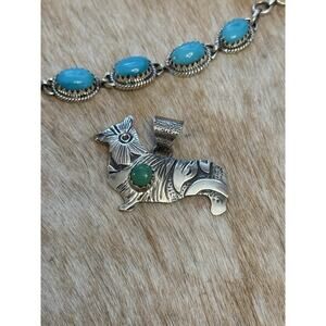 925 Native Southwest Sterling Silver & Green Turquoise Flower Accent Dog Pendant